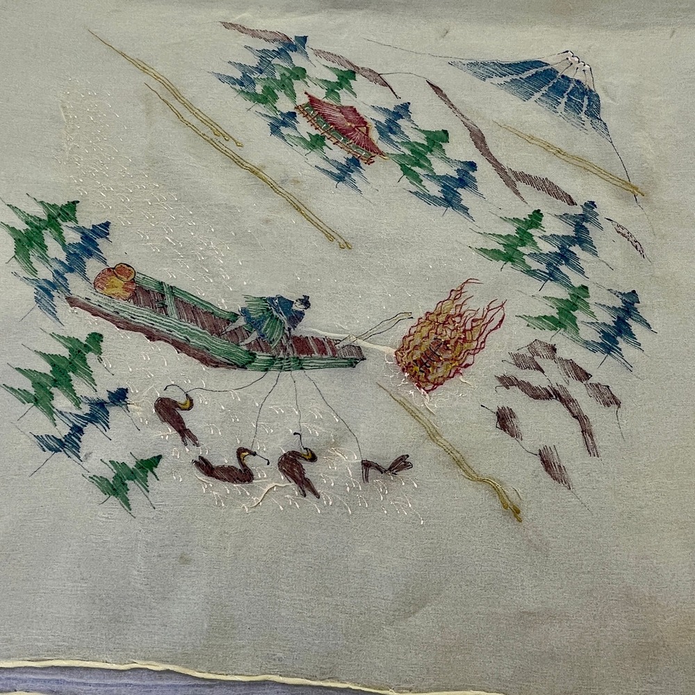 Vintage Hand Painted Japanese Scarf Mount Fuji Pagoda Fisherman Yellow 34in READ - Picture 8 of 12